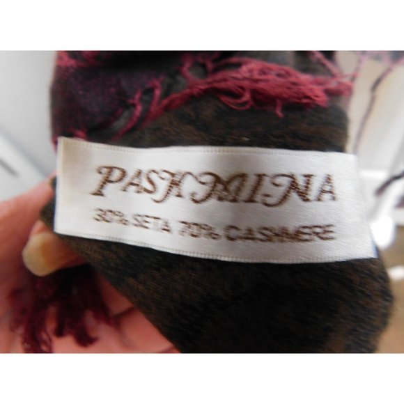 Pashmina Dark Purple Burgundy Black Cashmere Scarf Wrap with Fringe Vintage - Picture 4 of 4